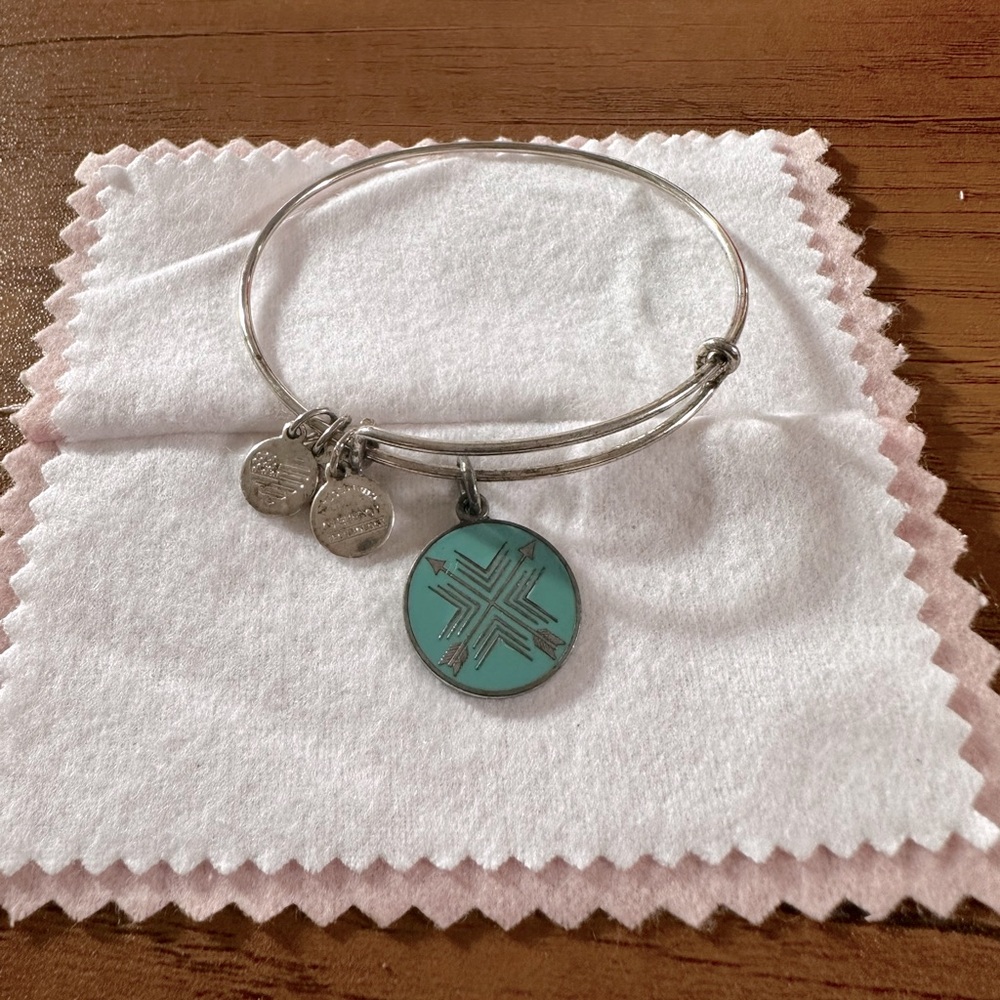 Alex and Ani Silver Tone and Blue Enamel “Arrows of Friendship” Charm Bangle